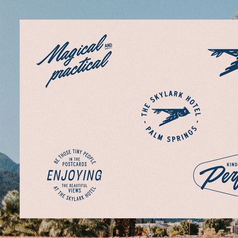 Heavy Branding on Instagram: “✨ High fives all around for the epic visual identity and copywriting we created for Skylark, the most happening hotel in Palm Springs 🌞🌴⛰️” Palm Springs Postcard, Hotel Postcard Design, Palm Springs Graphic Design, Palm Springs Branding, Palm Springs Design, Travel Logo Design, Palm Springs Hotel, Palm Springs Aesthetic, Forest Logo