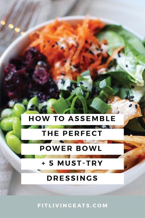 Learn how to assemble a power bowl and get five of my favorite dressings to take your power bowl game a notch. Power bowls are great meal options because they're so versatile and can be prepped ahead, saving you time in the kitchen during the week. #PowerBowls #MealPlan #MealPrep #Vegan #PlantBased #PowerBowlRecipes Bjs Brewhouse Power Bowl, Dressings For Power Bowls, Cold Power Bowls, Power Bowl Sauces, Power Bowl Dressing, Build Your Own Bowl, Vegetarian Dressing, Quick Nutritious Meals, Cottage Meals