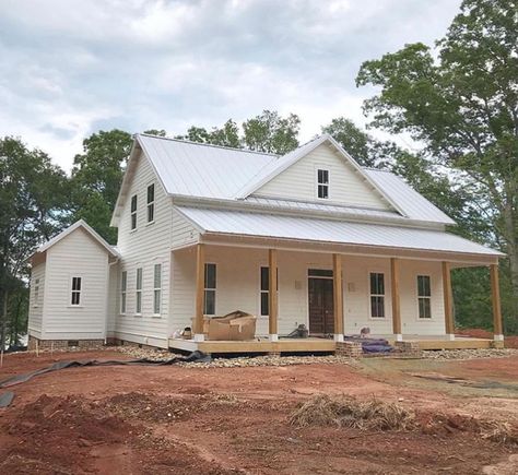 Fern House, Future Farmhouse, White Farmhouse Exterior, Steel Roof, Cottage Style House Plans, Modern Farmhouse Exterior, Farmhouse House, White Farmhouse, House Plans Farmhouse