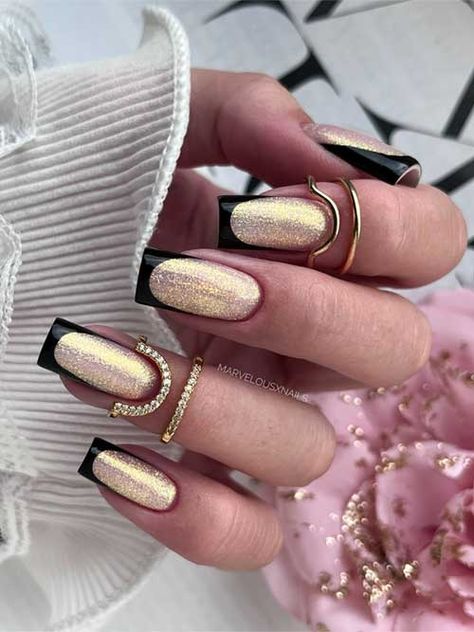 Festive fall black French manicure atop a shimmering gold glitter base, creating a striking and elegant nail design. Black French Tip Nails With Gold, Fall Black Nails, Long Black Nails, Black French Manicure, Swirl Nail Art, Black Coffin Nails, Glitter Accent Nails, Black French Tips, Elegant Nail