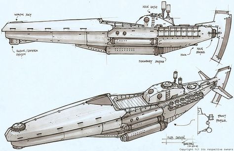 Submarine design Submarine Design, Steampunk Ship, Airship Art, Dieselpunk Vehicles, Steampunk Vehicle, Steampunk Airship, Sci Fi Spaceships, Space Ship Concept Art, Starship Design