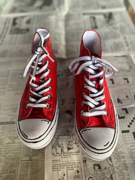 Harvard Outfit, Cartoon Converse, Converse Custom Ideas, Spiderman Merch, Cartoon Clothes, Custom Sneakers Diy, Red High Tops, Converse Red, All Star Shoes