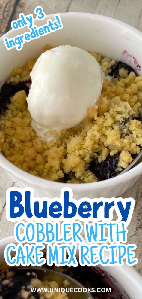 Make this easy 3-ingredient blueberry cobbler with cake mix for a delicious dessert in minutes. Using fresh blueberries and cake mix, this simple recipe bakes into a warm, bubbly treat. Perfect for quick family gatherings or summer nights. Cake Mix Cobbler, Easy Blueberry Cobbler, Greek Yogurt Cake, Blueberry Cobbler Recipes, Blueberry Dump Cakes, Brittle Recipes, Easy Dessert Recipes Quick, Lemon Cake Mixes, Blueberry Cobbler