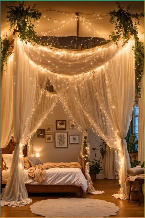 Cool Canopy Bed Ideas, Tranquility Bedroom Ideas, Wood Forest Bedroom, Forest Core Bedroom, Adult Canopy Bed Ideas, Bedroom Ideas Canopy, Forest Canopy Bed, Enchanted Forest Bedroom Ideas, Nature Bedroom Aesthetic