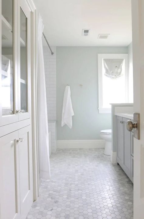 sea salt bathroom 2 Traditional Bathroom Tile, Hexagon Tile Bathroom, Bathroom Tiles Design Ideas, Makeover Kamar Mandi, Sea Salt Sherwin Williams, Bathroom Tile Designs, Upstairs Bathrooms, Bathroom Floor Tiles, Bath Room