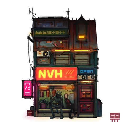 Cyberpunk House, Cyberpunk Building, Serge Birault, Sci Fi Building, Building Inspiration, Post Apo, Anime City, Building Illustration, Building Concept