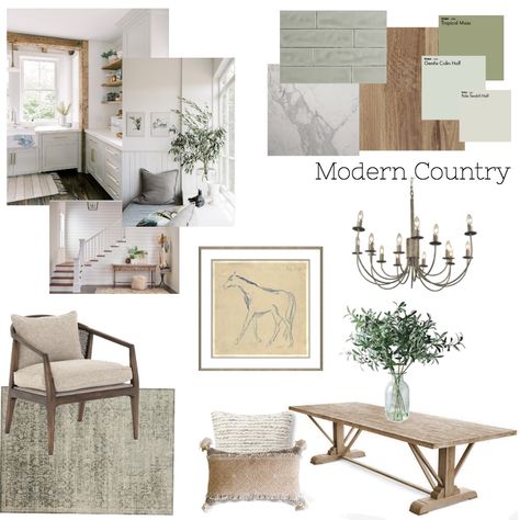 Modern Country Style Bathroom, Modern Country Mood Board, Modern Country Home Living Room, Modern Country Home Australia, Rustic Mood Board Interior Design, Modern Rustic Material Board, Modern Rustic Kitchen Mood Board, Modern Farmhouse Mood Board, Modern Country Interior Design