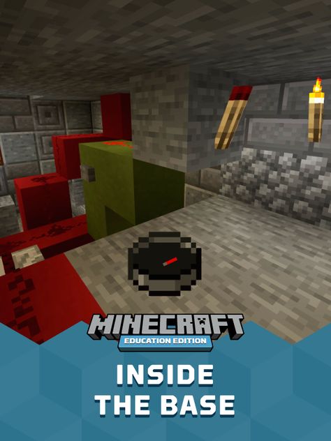 The interior of an underground base in Minecraft: Education Edition featuring a Redstone path and torches. Text reading "Inside the Base" Sensory Language, Teacher Preparation, Expository Writing, Interactive Lessons, Student Travel, Writing Exercises, Hiding Places, Learning Objectives, Student Reading