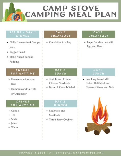 Camping Menu 3 Day, Tent Camping Meals, Camping Grocery List, Camping Meal Prep, Premade Camping Meals, Camping Meal Planner, Camping Trip Essentials, Easy Camping Recipes, Camp Hero