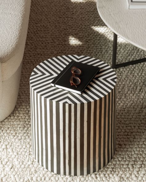 Art Deco Black And White, Side Table Styling, Drum Side Table, Drum Table, Black Side Table, White Side Tables, Transitional Modern, Black Camel, An Exercise