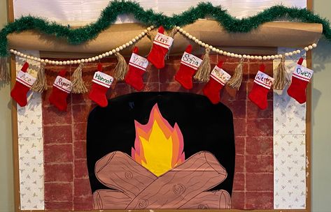 Twas The Night Before Christmas Bulletin Board, Christmas Stocking Bulletin Board Ideas, Chimney Bulletin Board, Fireplace Bulletin Board, Christmas Bulletin Board Ideas Preschool, Christmas Bulletin Boards, Preschool Room, Winter Bulletin, Winter Bulletin Boards