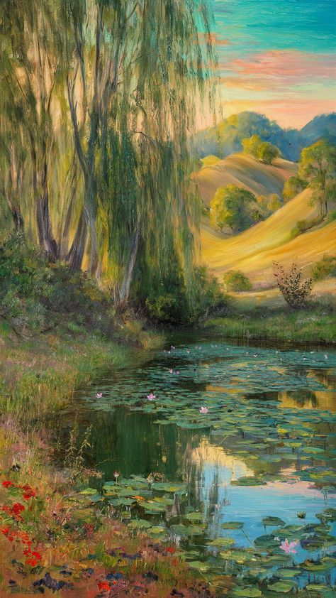 Immerse yourself in a vibrant scene of nature with our Impressionist-inspired painting print. Witness soft brush strokes capturing sunlight through dense trees, a tranquil pond adorned with blooming water lilies, and rolling hills in warm hues. Scattered wildflowers in rich reds and purples enhance the lush greenery, while a pastel sky transitions into a serene sunset. Perfect for art lovers and nature enthusiasts! #Impressionism #NatureArt #PaintingPrints Impressionist Art Wallpaper, Inspired Painting, Mural Ideas, Pastel Sky, Impressionist Landscape, Impressionism Painting, Impressionist Art, Lush Greenery, Rolling Hills