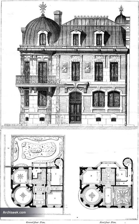 Architect: M. Amoudru Irish Architecture, Antique Architecture, Victorian House Plans, Paris Architecture, Vintage House Plans, Casa Vintage, Victorian Mansions, Victorian Architecture, Classic Architecture