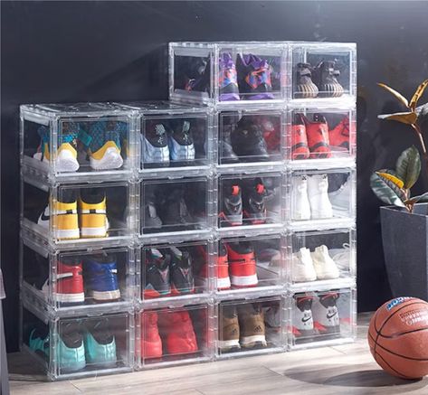 10Pcs Transparent Stackable Thick Plastic Shoe Box / Organizer Box / Sneaker Box With Magnetic Front Cover Shoe Box Display, Shoe Rack Drawer, Shoe Box Organizer, Plastic Shoe Boxes, Sneakers Box, High Top Basketball Shoes, Stackable Storage Bins, Box Display, Plastic Shoes