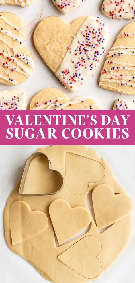 The best Valentine’s Day Sugar Cookies feature heart-shaped classic sugar cookies and decorated with chocolate dip or drizzle plus sprinkles of your choice. These are the most adorable Valentine’s cut out cookies your entire family will love. #valentinesdaysugarcookies #valentinesday Easy Cookie Decorating Ideas, Cut Out Cookies Recipe, Easy Cookie Decorating, Heart Cookies Decorated, Ultimate Cookie Recipe, Cookie Decorating Ideas, Valentines Day Sugar Cookies, Chocolate Dip, Romantic Desserts