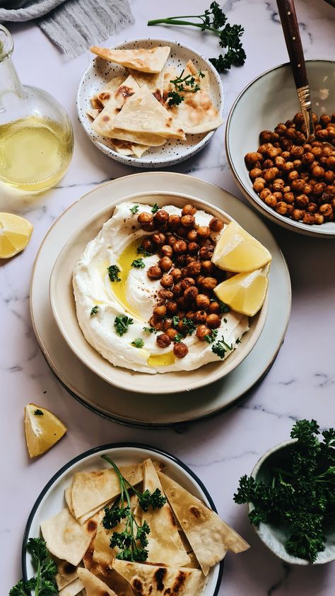 A platter full of Whipped Feta dip, topped with Spicy and Crunchy Chickpeas Crispy Chickpeas With Whipped Feta, Whipped Feta With Spicy Chickpeas, Chickpeas And Feta, Whipped Feta Dip With Spiced Chickpeas, Marinated Chickpeas With Whipped Feta, Whipped Feta With Spiced Chickpeas, Charcuterie Board Dinner Party, Chickpea Appetizer, Summer Recipes For A Crowd