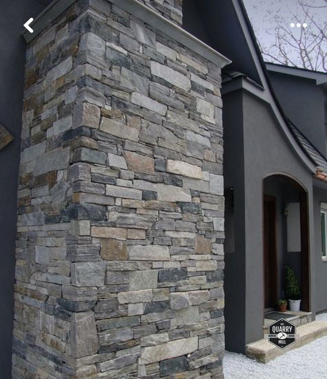 Gray And Stone House Exterior, Siding And Stone Combinations, House With Rock Exterior, Evolve Stone Exterior, Versetta Stone Exterior, Exterior Stone And Siding Combinations, Grey Stone House Exterior, Exterior Accent Wall, Stone Veneer Exterior Houses