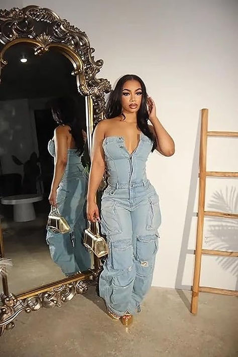 Birthday Denim Outfit, Jorts And Heels Outfit, Denim Outfit Ideas Black Women, Poses With Jumpsuit, Denim Birthday Outfit Black Women, Jean Two Piece Outfit Black Women, Two Piece Jean Outfit, 2 Piece Jean Outfit, Jean One Piece Outfit