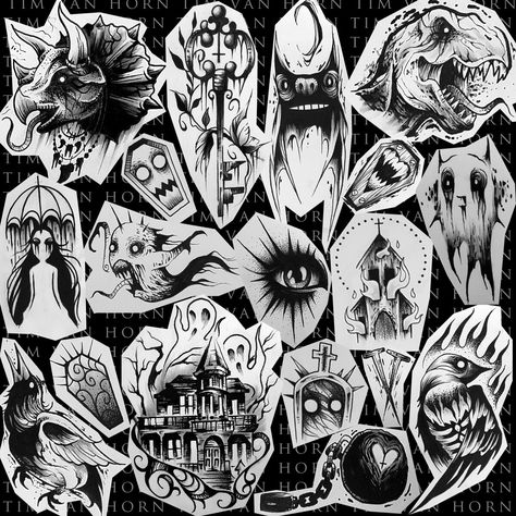 creepy flash for tattoo illustration by tim van horn 2017 Creepy Flash Art, Creepy Flash Tattoo, Tattoo Reference, Van Horn, Flash Sheet, Tattoo Flash Sheet, Creepy Tattoos, Cowgirl Art, Incredible Tattoos