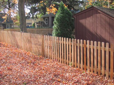 4' Cedar Dog Ear Picket Fence. For sides-- facing in Dog Ear Picket Fence Ideas, Dog Eared Picket Fence, Dog Ear Picket Fence, Yard Fencing, Wire Fences, Dog Ear Fence, Redwood Fence, Dog Backyard, Picket Fences