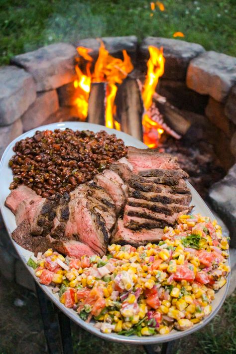 Over The Fire Cooking by Derek Wolf - Grilled Tri-Tip with Charred Corn Salsa for an epic backyard feast! 🥩🌽🫘🔥 Over The Fire Cooking, Charred Corn, Corn Salsa, Tri Tip, Fire Cooking, Grilled Steak, Date Dinner, Stuffed Jalapeno Peppers, Santa Maria