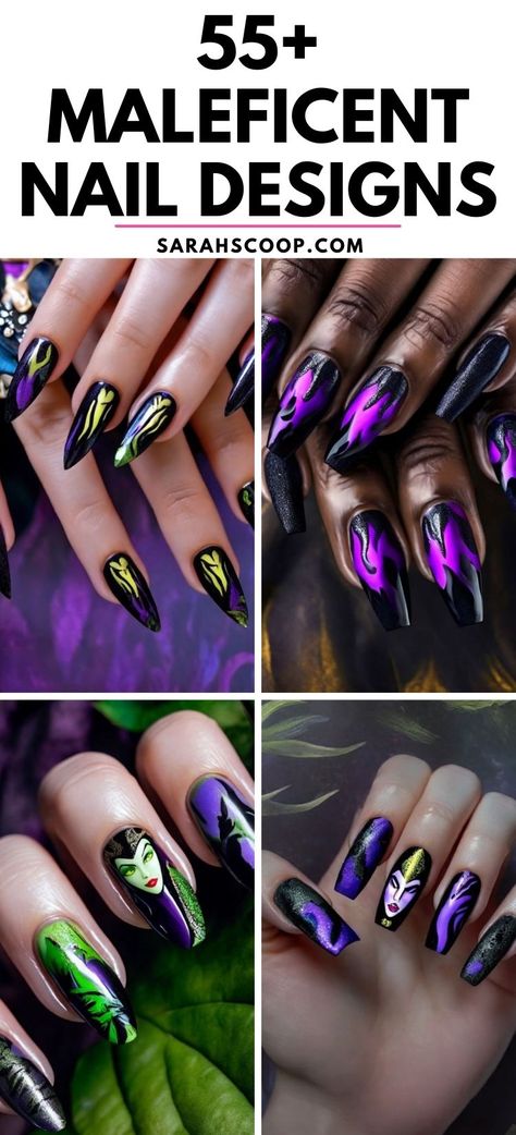 Unleash your inner fierce queen with these enchanting Maleficent-inspired nail designs! 💅 #naildesigns #nailinspo #maleficent Disney Halloween Nails Design Short, Villain Nail Art, Evie Descendants Nails, Disney Nails Malificent, Malificent Nail Design Simple, Evil Queen Nails Disney, Maleficent Inspired Nails, Birthday Nails Ideas Acrylic, Maleficent Nails Designs