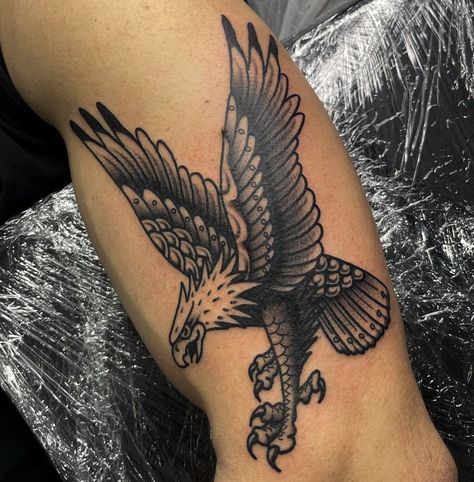 Black And Grey American Traditional, Eagle Tattoo Arm, Traditional Sleeves, Free Bird Tattoo, Traditional Tattoo Black And White, Traditional Eagle Tattoo, Artsy Tattoos, Bolt Tattoo, Wrist Tattoo Designs