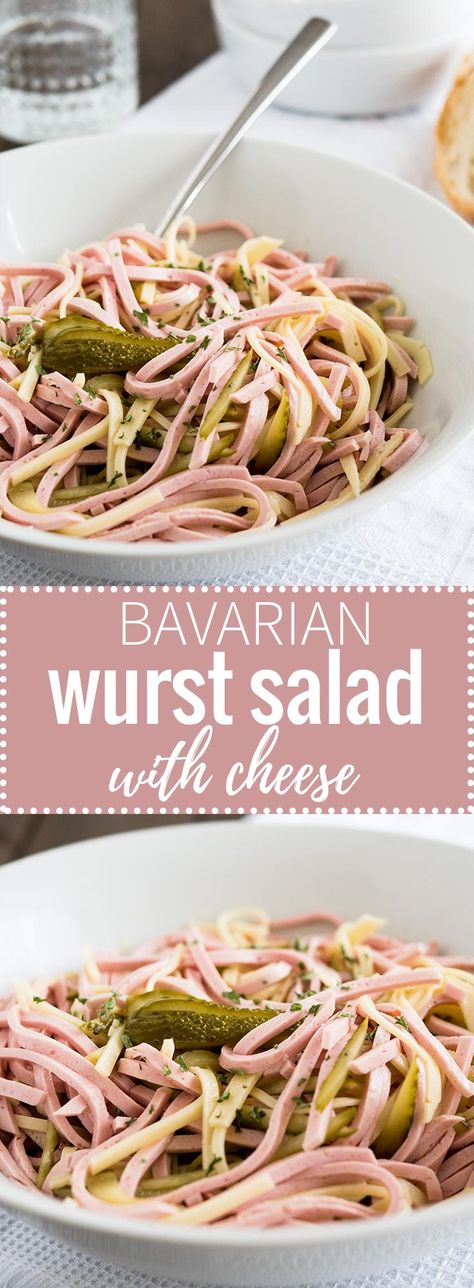 Bavarian Wurst Salad with Cheese is a perfect summer dish! Made with sliced ring bologna, Emmental cheese, and pickles this popular beer garden dish is sure to be a crowd-pleaser! Obatzda Recipe, German Beer Cheese, German Beer Cheese Dip, Salad With Cheese, Sausage Salad, German Sausage, Beer Cheese Dip, Ham Salad, Side Dish Recipes Easy