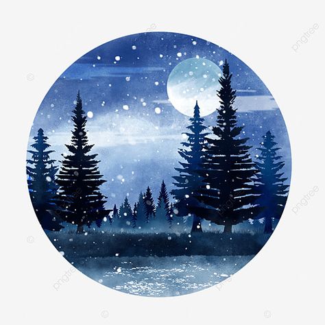 Winter Night Sky Painting, Snow Drawing Winter, Winter Season Drawing, Christmas Tree Landscape, Winter Tree Art, New Year Painting, White Christmas Snow, Winter Night Sky, Moon At Night