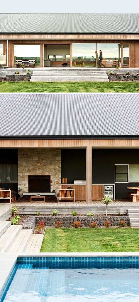 This Rural Home Combines Rustic Interior Elements With Modern Architecture Interior Elements, Modern Ranch, Gable Roof, Diy Outdoor Kitchen, Kitchen Area, Outdoor Kitchen Design, Rustic Interiors, Modern Outdoor, Barn House