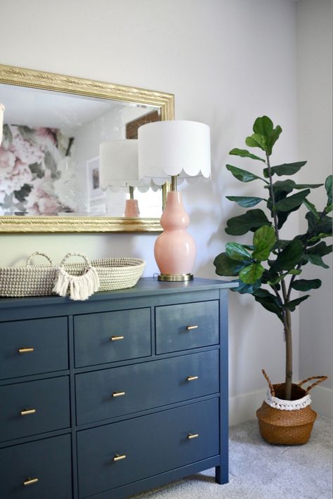 Colored Dresser In Nursery, Blue Nursery Dresser, Navy Blue Dresser Nursery, Painted Dresser Nursery, Kids Blue Dresser, Blush And Navy Nursery Flower, Navy Dresser, Kids Parke Navy Blue 6-drawer Dresser, Girls Room Colors