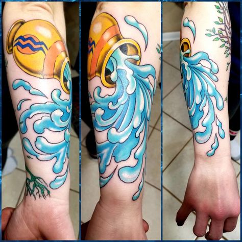 Very traditional Aquarius tattoo with the bucket and water American Traditional Aquarius Tattoo, Traditional Aquarius Tattoo, Tattoo Full Back, Aquarius Tattoo, Water Bearer, American Traditional, Color Tattoo, Tatting, Things To Think About