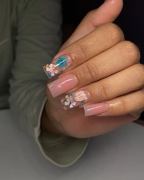 Incapcilated Nails, Short Encapsulated Nails, Cute Square Nails, Design Square Nails, Nail Planner, Summa Nails, Nails Flowers, Encapsulated Nails, Medium Nails