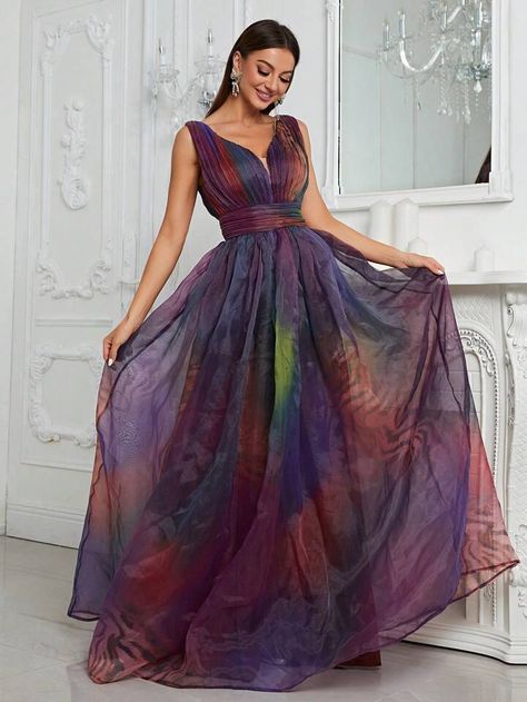 Multicolor Collar Sleeveless Chiffon Ombre,Random Print A Line Embellished Slight Stretch Weddings & Events Tie Dye Wedding Ideas, Purple Collar, Future Children, Prom Looks, Prom Colors, Multicolor Dress, Mesh Overlay, Orange Fashion, Affordable Clothes