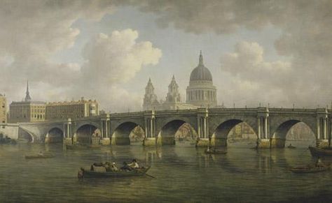 Superb Georgian depiction, the use of color enhances the panoramic view of Blackfriars Bridge. Georgian England, Blackfriars Bridge, Guildhall Art Gallery, London Art Gallery, London Painting, Bridge Painting, Westminster Bridge, Skyline Painting, Victorian London