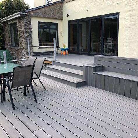 Cladco Composite Decking Boards look beautiful on this recent installation in Callington. Cladco Light Grey Decking Boards were used with a Light Grey Bullnose Edge. Composite Decking Steps Ideas, Grey Decking, Composite Decking Stairs Ideas, Grey Decking Ideas, Composite Decking Ideas Grey, Composite Decking Ideas, Grey Composite Decking, Composite Decking And Porcelain Tiles, Composite Decking Balcony