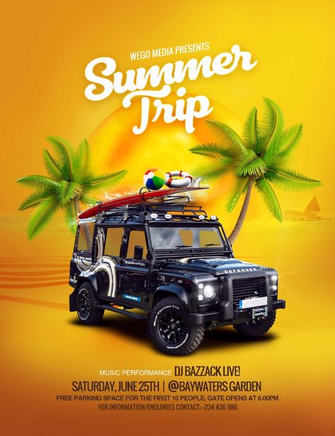 We designed summer beach hangout and road trip vacation flier for out tourism client. Road Trip Flyer Design, Beach Hangout Flyer Design, Beach Flyer Design, Road Trip Graphic Design, Trip Flyer Design, Flier Designs Ideas, Hangout Flyer Design, Summer Flyer Design, Flier Designs