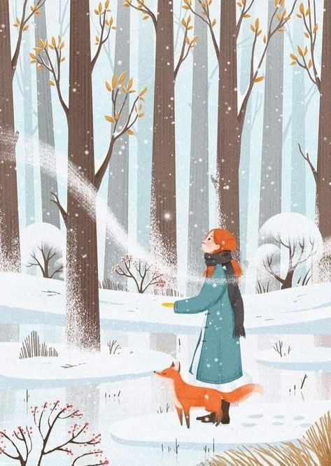 Winter Drawings Christmas, Snow Illustration, Winter Drawings, Apple Imac, Winter Illustration, Fox Illustration, Whimsical Illustration, Winter Art, Naive Art