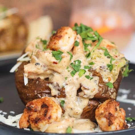 Alfredo Baked Potato, Shrimp Baked Potato Recipe, Loaded Baked Potato Recipes, Loaded Shrimp Baked Potato, Shrimp Scampi Baked, Stuffed Potato Recipes, Jacket Potato Fillings, Shrimp Baked Potato, Stuffed Seafood