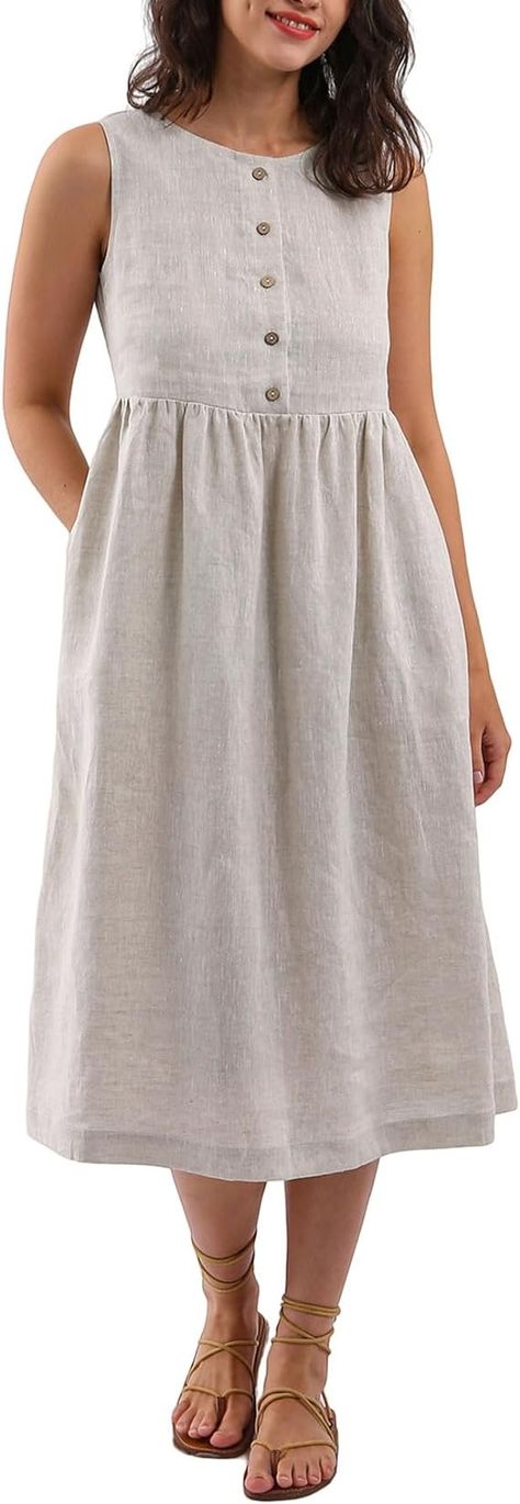 Amazon.com: Amazhiyu Womens 100% Linen Summer Sleeveless Button Front Pleated Midi Dresses Flax, Medium : Clothing, Shoes & Jewelry Linen Summer, Pleated Midi Dress, Luxury Store, Midi Dresses, Modest Outfits, Pleated Dress, Dress Brands, Shoes Jewelry, Top Styles