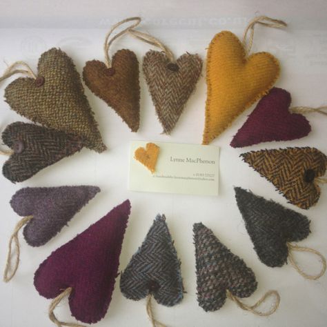 Harris Tweed Lavender Hearts Tweed Sewing Projects, Tweed Crafts, Wool Blanket Upcycle, Fabric Hearts, Lavender Bags, Wool Projects, Heart Crafts, 자수 디자인, Wool Crafts