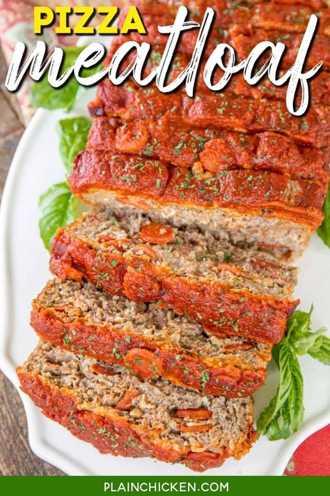 Pizza Meatloaf – the BEST meatloaf recipe! Even meatloaf haters will LOVE this! It is basically a giant Italian meatball stuffed with mozzarella! SO easy to make and tastes great! Ground beef, Italian sausage, pepperoni, mozzarella, egg, oats, Italian seasoning, garlic, onion, oregano, salt, pepper, and milk. Top the meatloaf with pizza sauce. Serve with garlic mashed potatoes and green beans. Comfort food at its best! Leftovers are great on a sandwich. Italian Sausage Meatloaf Recipes, Ground Beef And Italian Sausage Meatloaf, Meatloaf Recipes With Italian Bread Crumbs, Easy Made Italian Meatloaf, Egg Oats, Pizza Meatloaf Recipe, Easy Italian Meatloaf, Frozen Meatloaf, Pizza Meatloaf