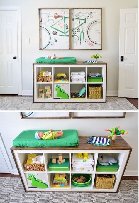 Homedit - interior design and architecture inspiration Alternative Changing Table Ideas, Changing Table Alternative Ideas, Changing Table Alternative, Kallax Changing Table, Ikea Changing Table Hack, Ikea Expedit Bookcase, Best Changing Table, Baby Nursery Storage, Baby Nursery Organization