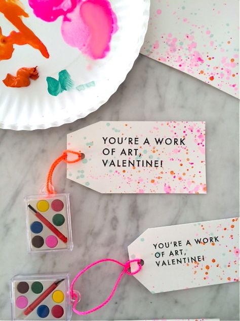 paint splatter Valentines Cute Diy Valentines For Kids, Crafty Valentines For Kids, Paint Valentines Cards, Paint Set Valentine, Art Valentines Cards, Picture Valentine Cards For Kids, Paint Valentines For Kids, No Candy Valentines For Kids, Valentines Kids Ideas