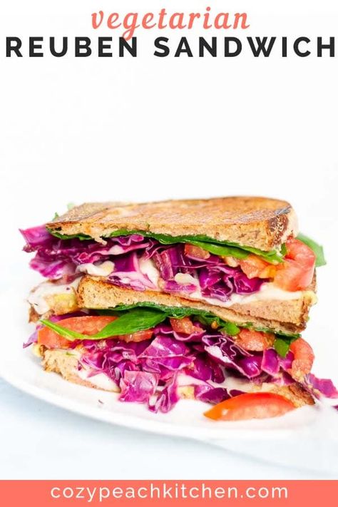 Veggie Reubens are a delicious twist on the classic grilled Reuben sandwich. Quick pickled cabbage in place of corned beef makes for a flavor packed and healthy vegetarian comfort food. #vegetarianrecipes #reuben #healthysandwiches #sandwichrecipes #vegetariansandwich #cabbagerecipes #pickledcabbage #quickpickled Cabbage And Veggies, Vegetarian Reuben, Quick Pickled Cabbage, Vegetarian Inspiration, Reuben Recipe, Reuben Sandwich Recipe, Peach Kitchen, Easy Vegetable Side Dishes, Vegetarian Recipes Lunch