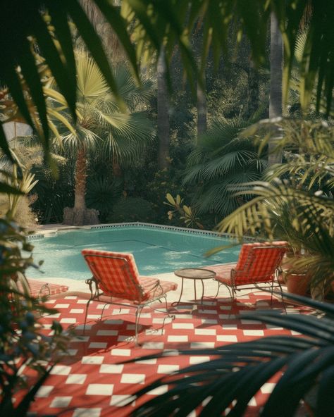 Retro retreats ❤️ Time travel's real, and it brought me here: Palm Springs, 1957. #HiddenOasis #ArtPrints Palm Springs Vibe Decor, 1970s Palm Springs, Palm Springs Houses Exterior, 70s Pool Aesthetic, 80s Palm Springs, Palm Springs Yard, Retro Pool Aesthetic, Retro Palm Springs Aesthetic, Palm Springs 70s