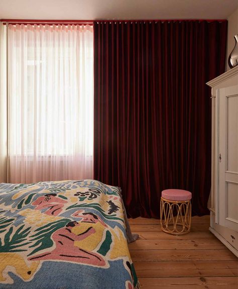 The Colourful Home of Bettina Færgeman | Stilling Red Curtains Bedroom, Red Velvet Curtains, Curtain Tracks, Four Rooms, Curtain Rails, Curtain Track, Red Curtains, Velvet Curtains, Beautiful Apartments