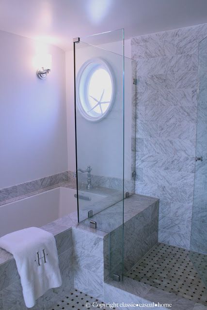 L Shaped Tub Shower Combo, L Shaped Tub Shower Layout, L Shaped Shower And Tub, Perpendicular Shower And Tub, Separate Shower And Tub Bathroom Layout, Basketweave Tile, Marble Basketweave, Small Bathroom With Tub, Cottage Showers