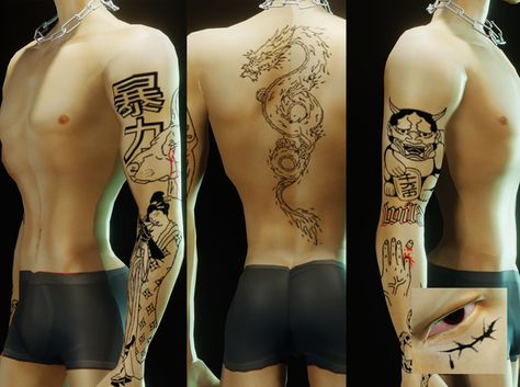 Sims 4 Mens Tattoos, Sims 4 Male Cc Tattoos, Sims 4 Tattoos Male, Sims 4 Male Tattoos, Sims 4 Tattoos, Yakuza Tattoo, Skin Details, 4 Tattoo, Back Tattoos For Guys