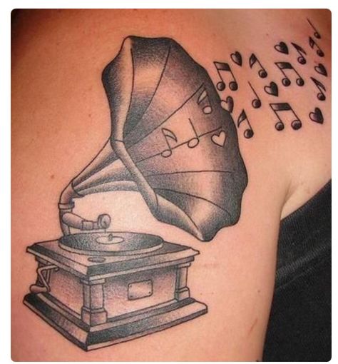 Tattoo idea Gramophone Tattoo, Pumpkin Tattoo, Parent Tattoos, Shape Tattoo, Alien Tattoo, Different Tattoos, Music Tattoo, Top Tattoos, Music Tattoos